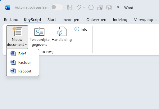 KeyScript tab op het Word lint